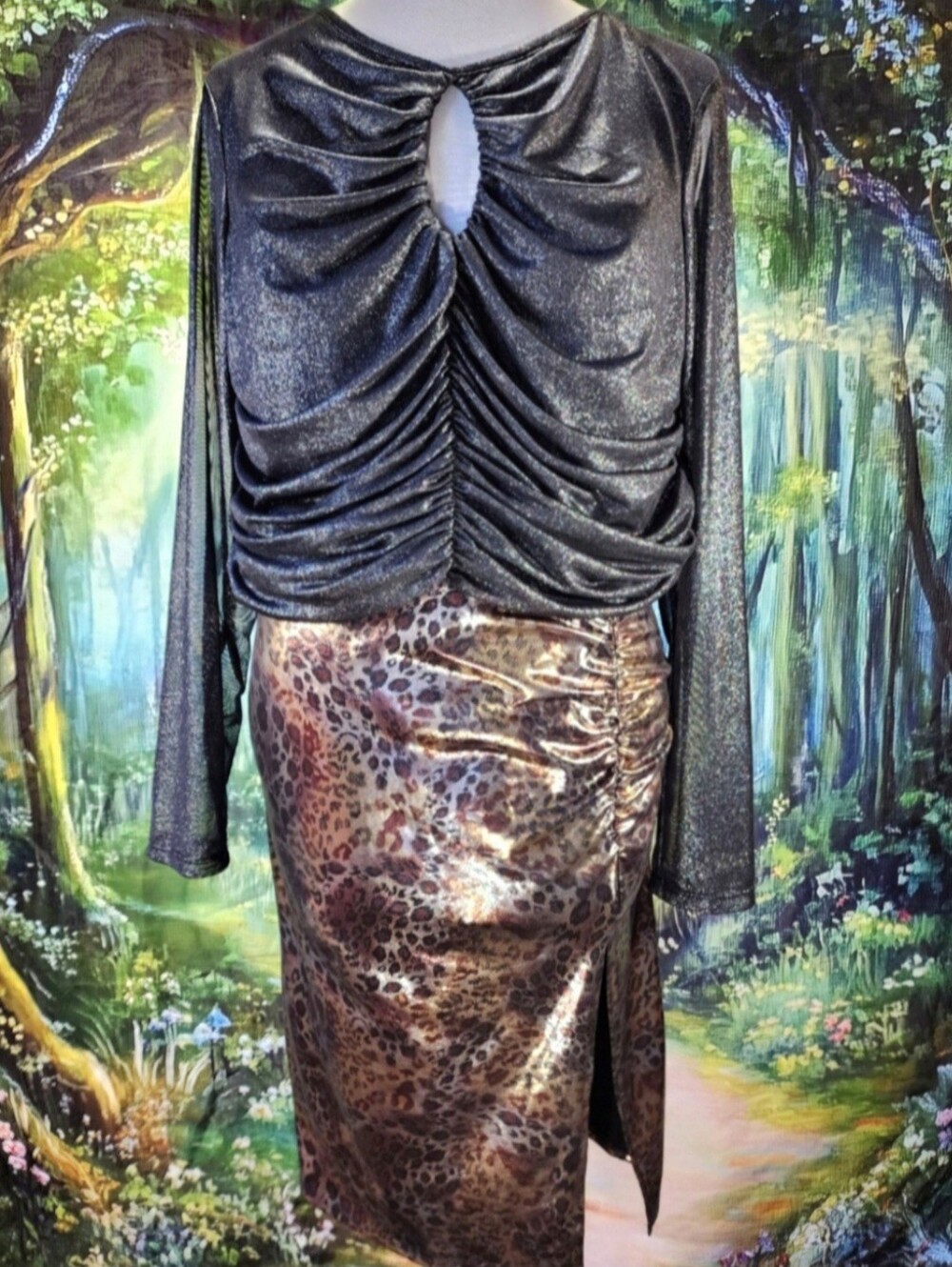 🐆🌗 OUTFIT Metallic Leopard Ruched Skirt Sparkle Sexy Sheer Top Naturecore XL